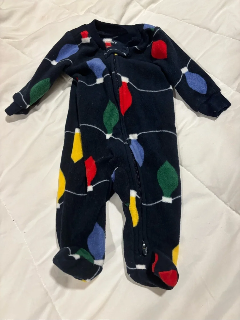 Carter's Navy Fleece Footed Sleep Sack with colorful holiday ornaments Newborn